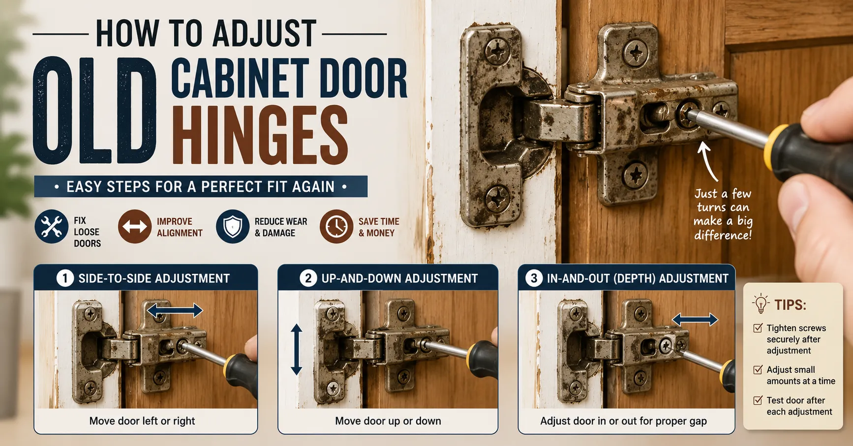 how to adjust old cabinet door hinges