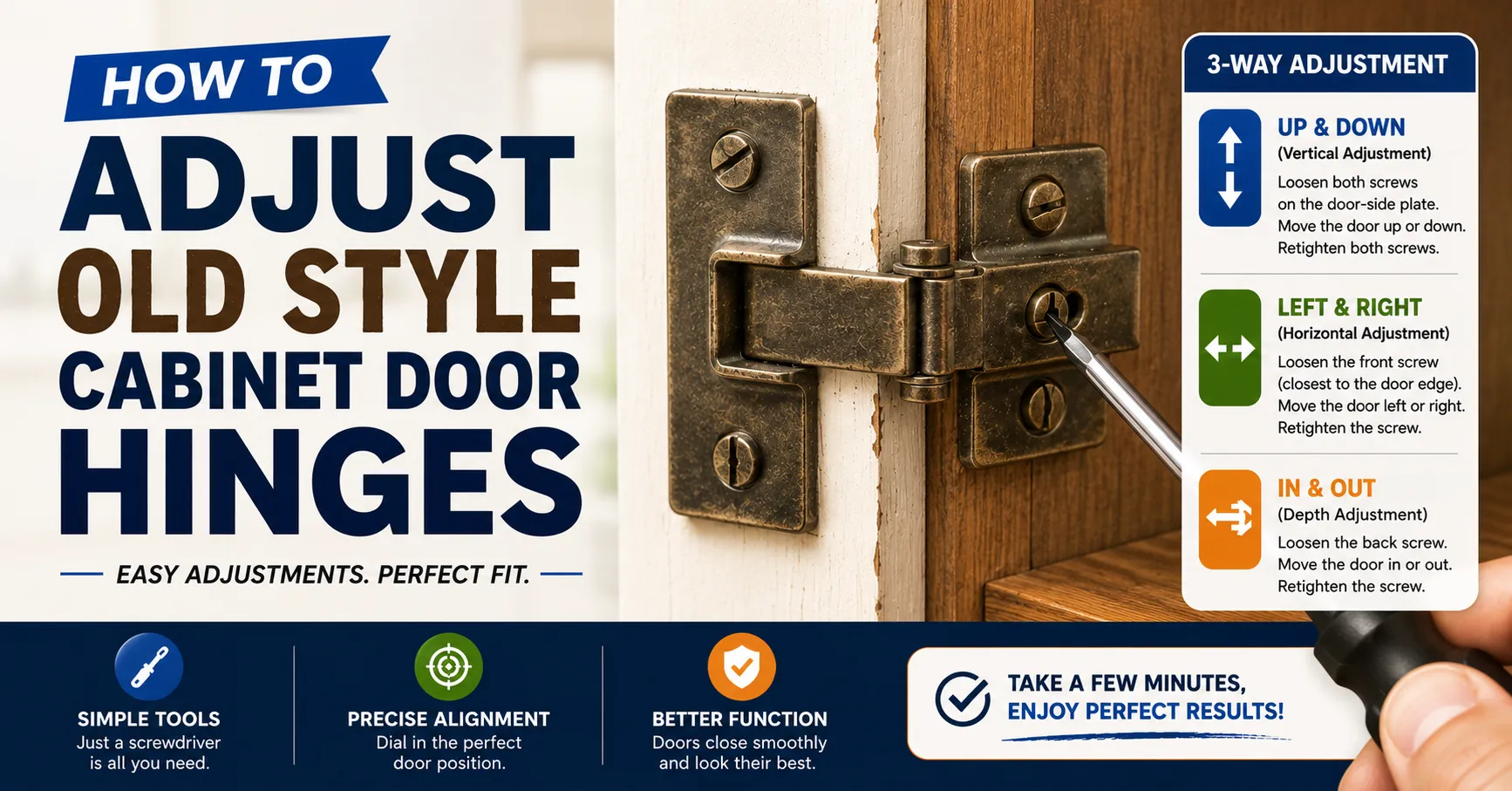 how to adjust old style cabinet door hinges